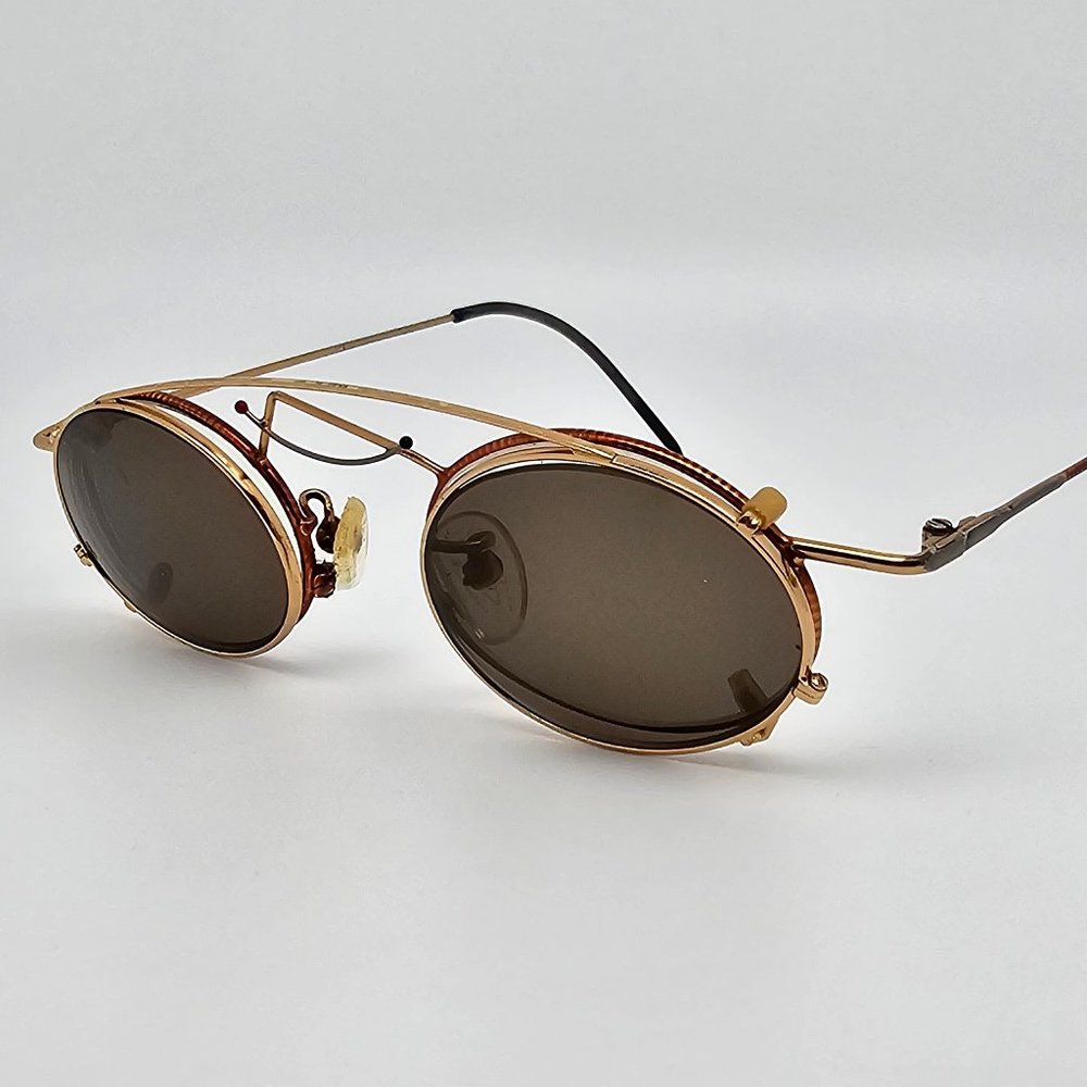 Casanova Gold Red Black Vintage Eyeglasses w/ Clip-on Sunglasses Italy 42-16-120